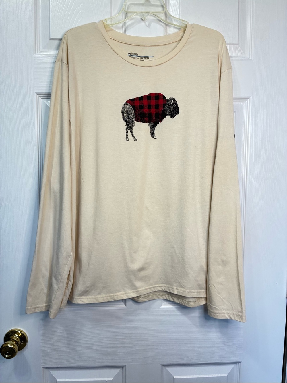 Columbia Long Sleeve T Shirt Womens XXL Buffalo Plaid Graphic Beige Casual